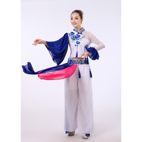 Chinese Traditional Chinese Fairy Dress royal blue and White Chinese Ancient folk dance Costumes outfits